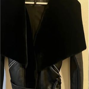 BCBG Maxazaria leather and faux fur belted jacket